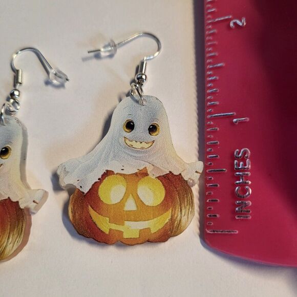 Retro Halloween Ghost on Pumpkin Cartoon Style Acrylic Dangle Earrings - Picture 4 of 6